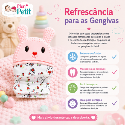 Painel promocional focado nas texturas macias da luva mordedora de coelho, realçando que pode ser colocada no frigorífico para proporcionar um alívio fresco nas gengivas.