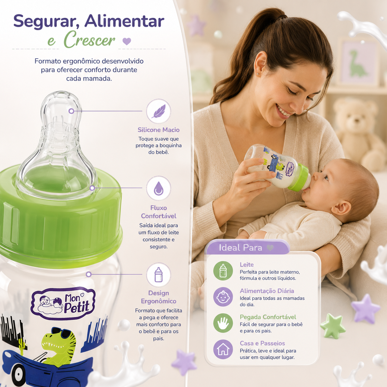 Mãe sorridente a dar o biberão ergonómico Mon Petit ao seu bebé, realçando o fluxo de leite constante e a pegada confortável.