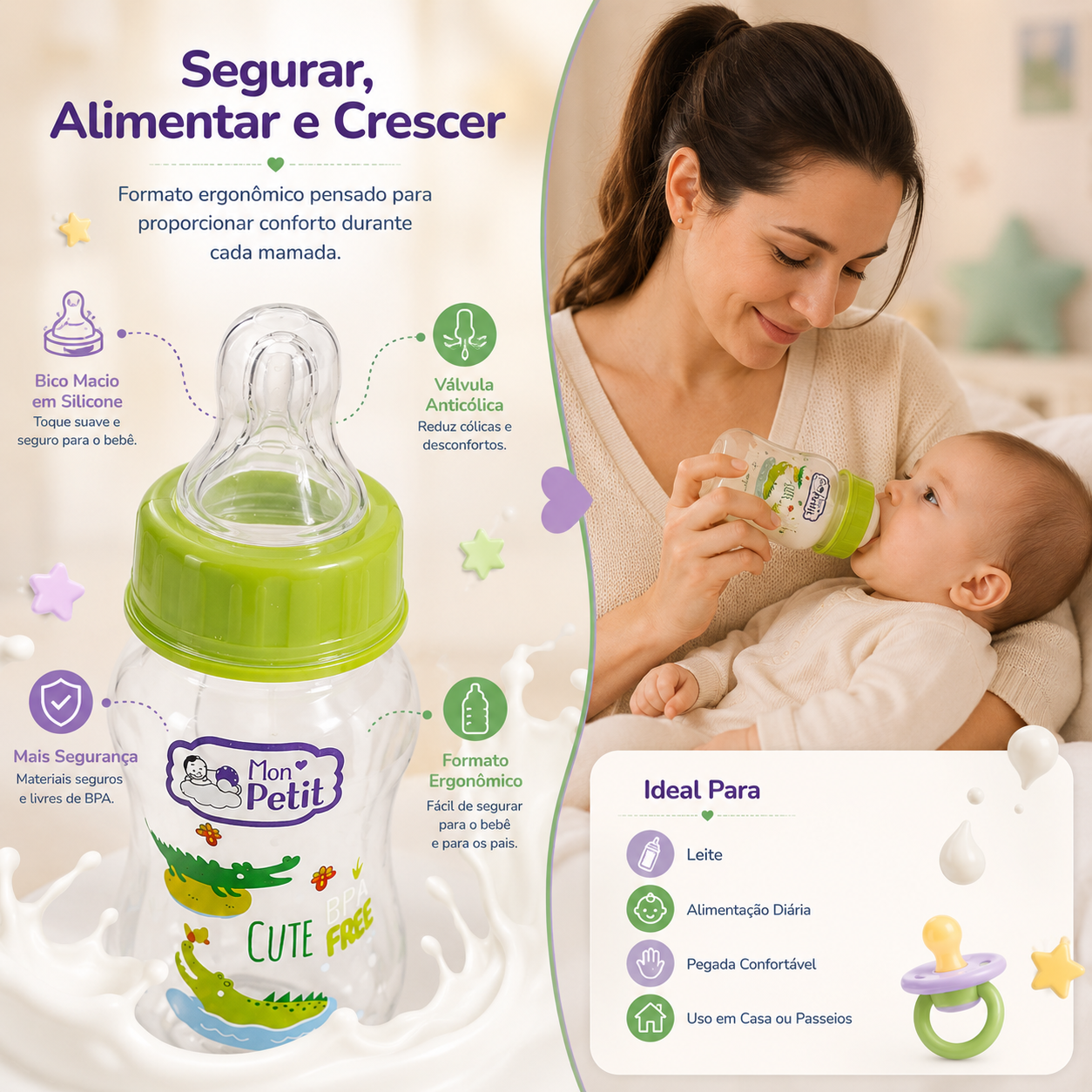 Mãe sorridente a segurar e a dar o biberão ergonómico Mon Petit ao seu bebé durante a amamentação diária.
