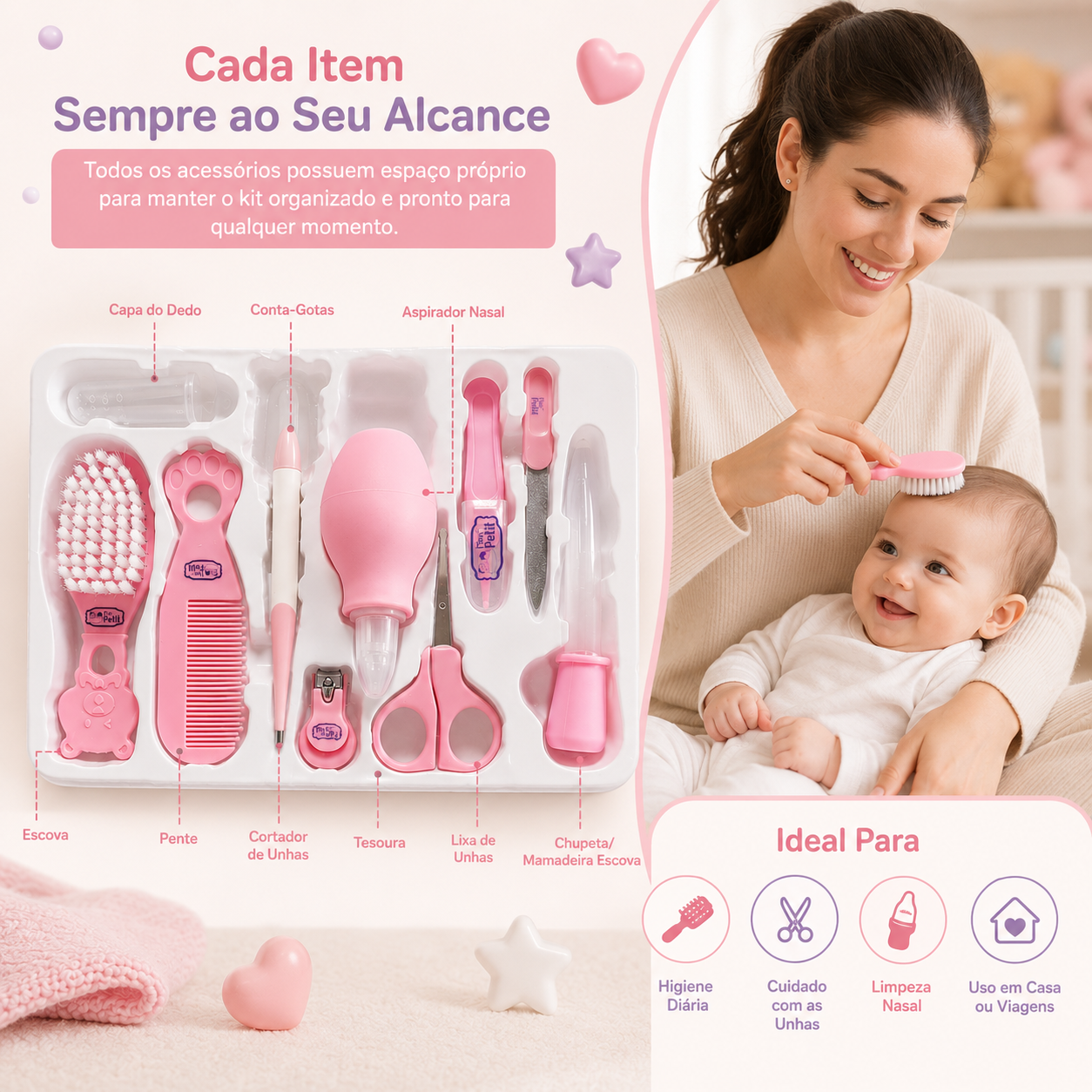 Mãe sorridente a escovar suavemente o cabelo do seu bebé com a escova de cerdas macias rosa do estojo de higiene da Mon Petit.