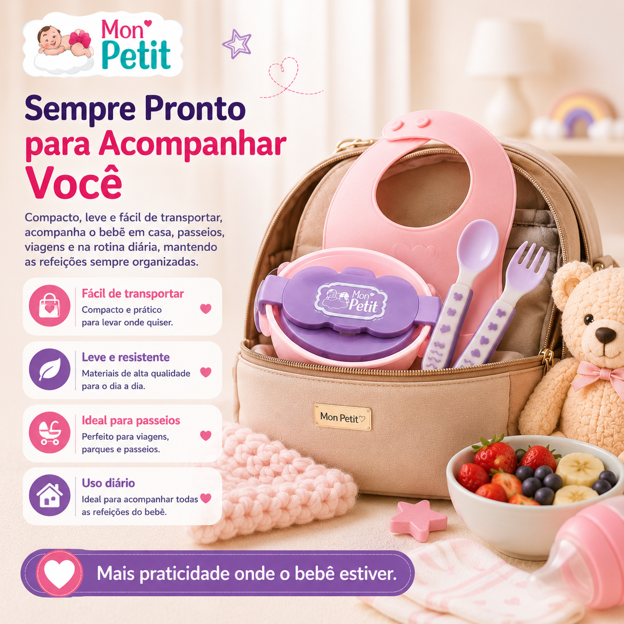 Tigela térmica com tampa e talheres de bebé arrumados no interior de uma mala de maternidade compacta, ideal para ilustrar a praticidade em viagens, passeios e rotinas fora de casa.