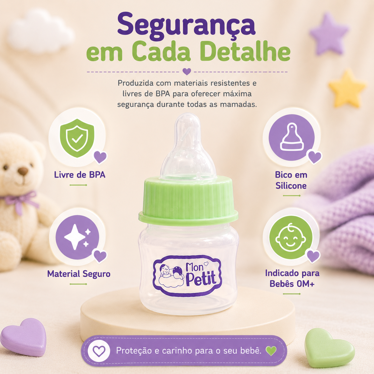 Gráfico detalhado sobre a segurança do biberão infantil Mon Petit, realçando o material resistente, bico de silicone e uso ideal para recém-nascidos.