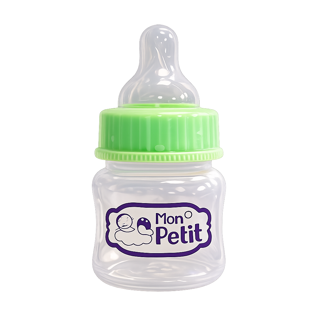 Biberão de 50ml compacto com rosca verde clara e bico de silicone transparente isolado num fundo branco liso.