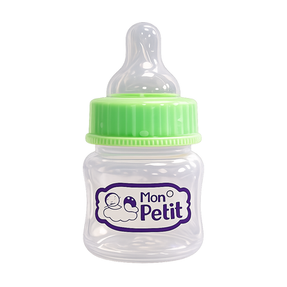 Biberão de 50ml compacto com rosca verde clara e bico de silicone transparente isolado num fundo branco liso.