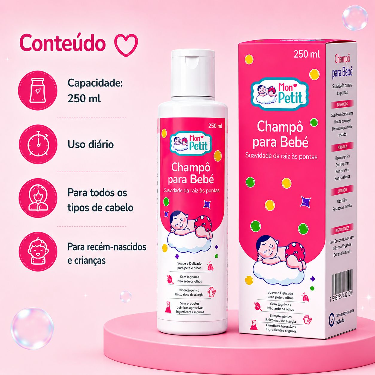 Mon Petit Champô para Bebé 250 ml para uso diário, todos os tipos de cabelo, recém-nascidos e crianças