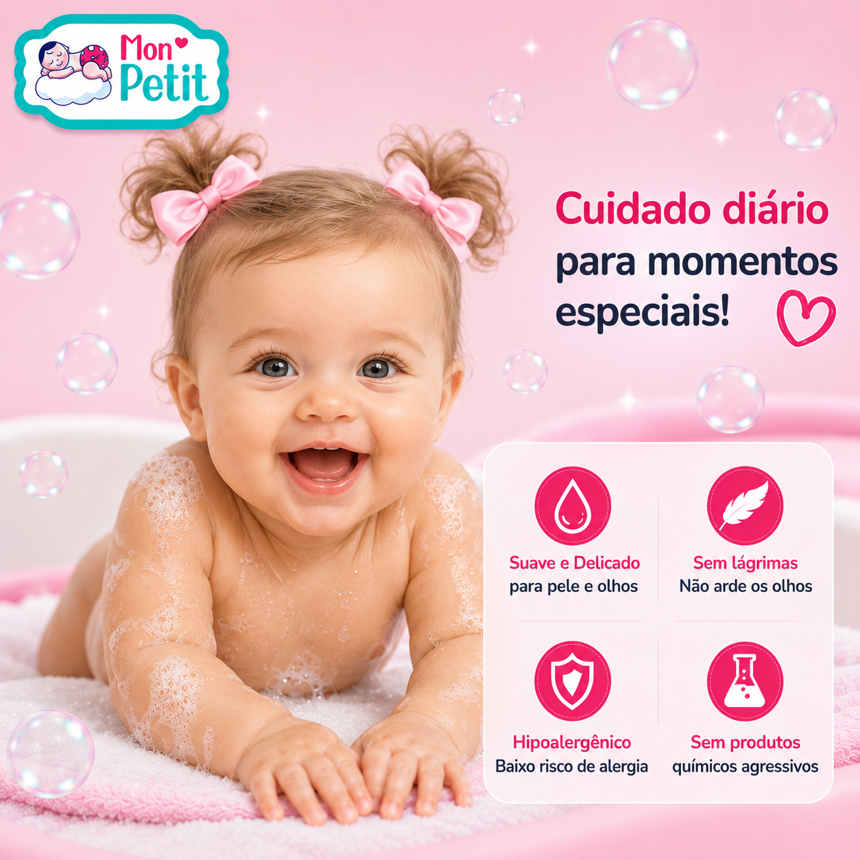 Bebé sorridente no banho com Mon Petit Champô para Bebé, ideal para cuidado diário suave e sem lágrimas