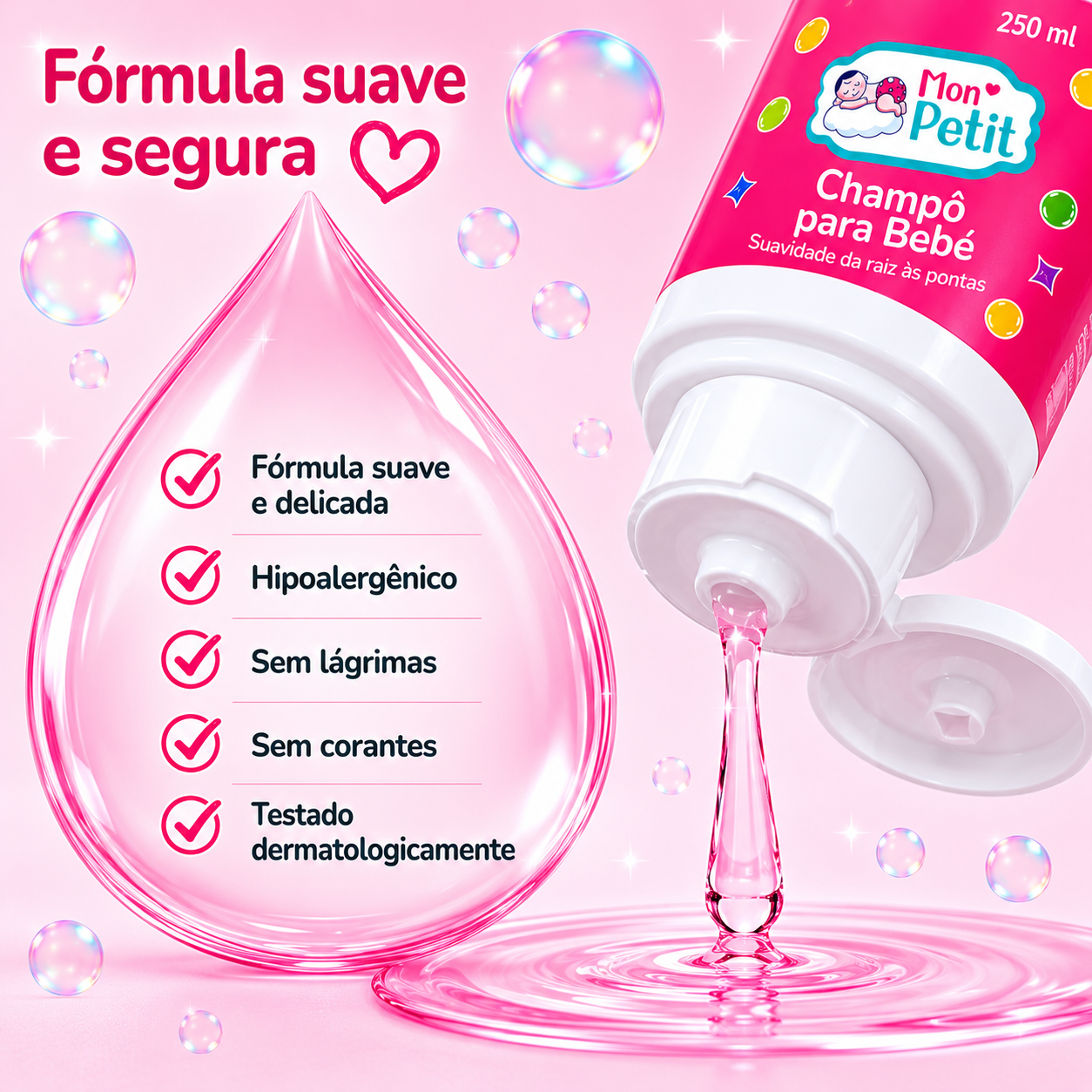 Mon Petit Champô para Bebé com fórmula suave, segura, hipoalergénica, sem lágrimas e sem corantes