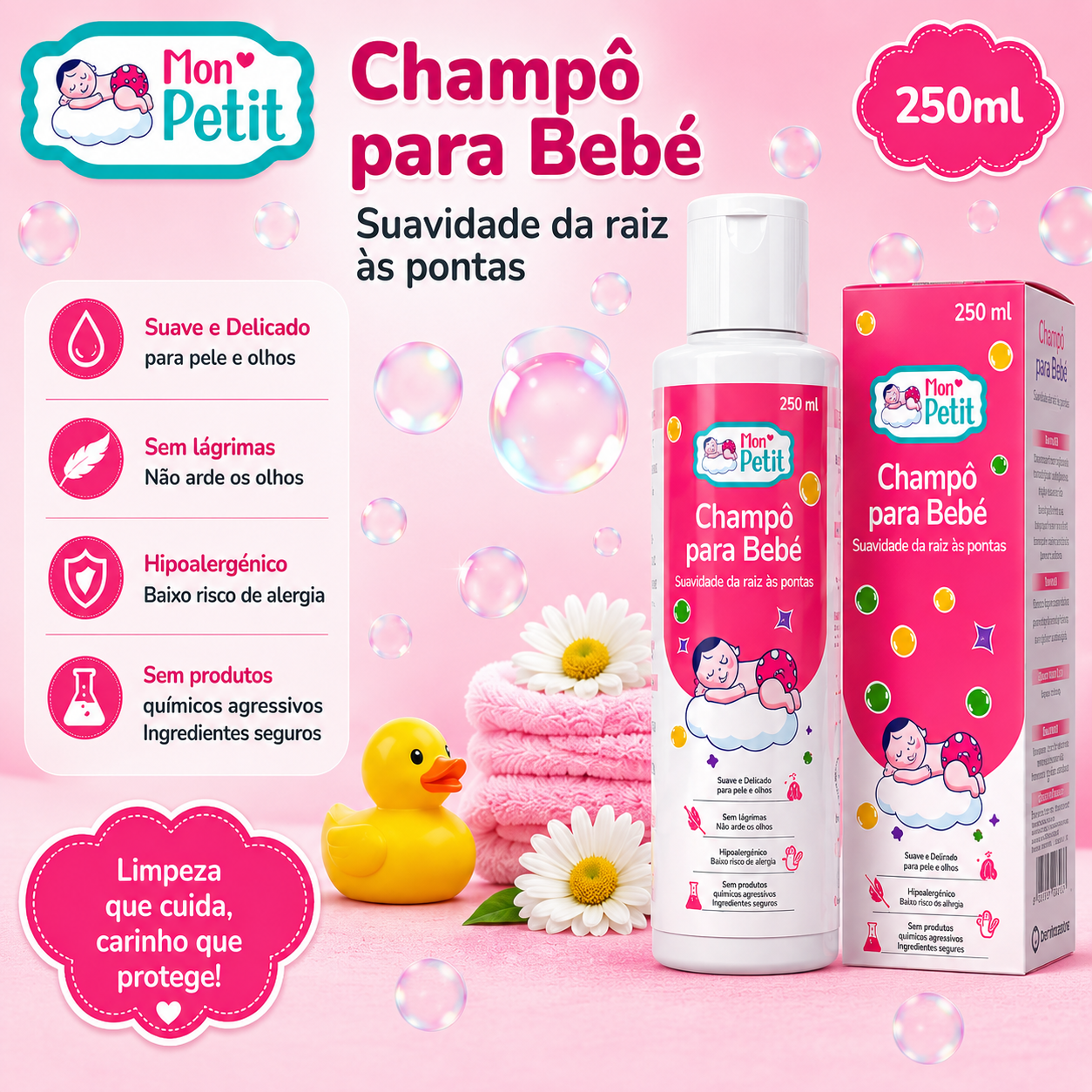 Mon Petit Champô para Bebé 250 ml com fórmula suave, sem lágrimas e hipoalergénica para cuidado diário do bebé