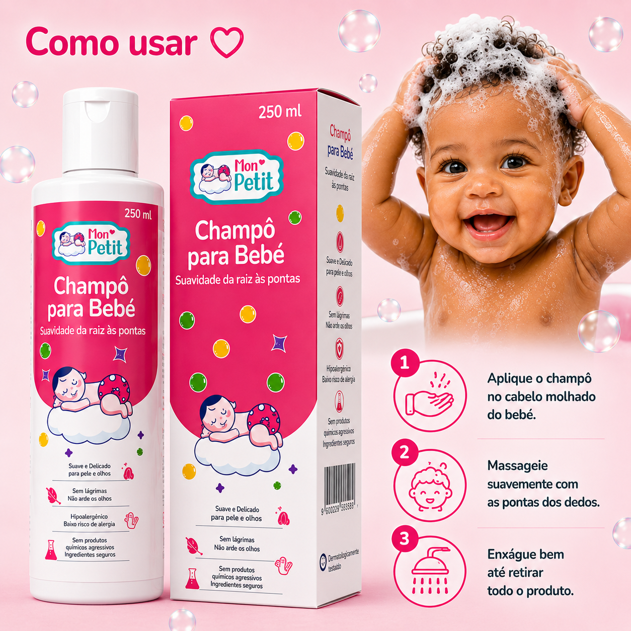 Instruções de utilização do Mon Petit Champô para Bebé 250 ml para lavar suavemente o cabelo molhado do bebé
