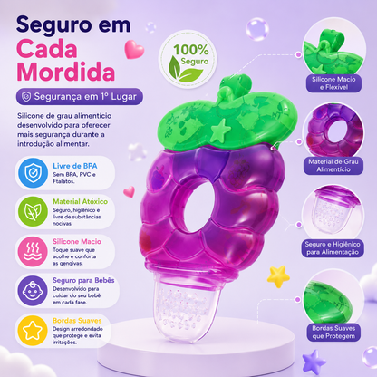 Painel explicativo com o título Seguro em Cada Mordida, mostrando detalhes aproximados da pega flexível, do material de grau alimentício, da bolsa perfurada e das bordas suaves.