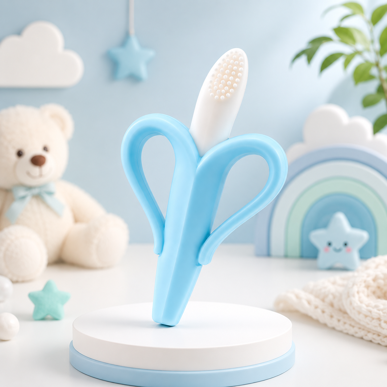 Mordedor de bebé azul em forma de banana exposto num quarto infantil decorado.