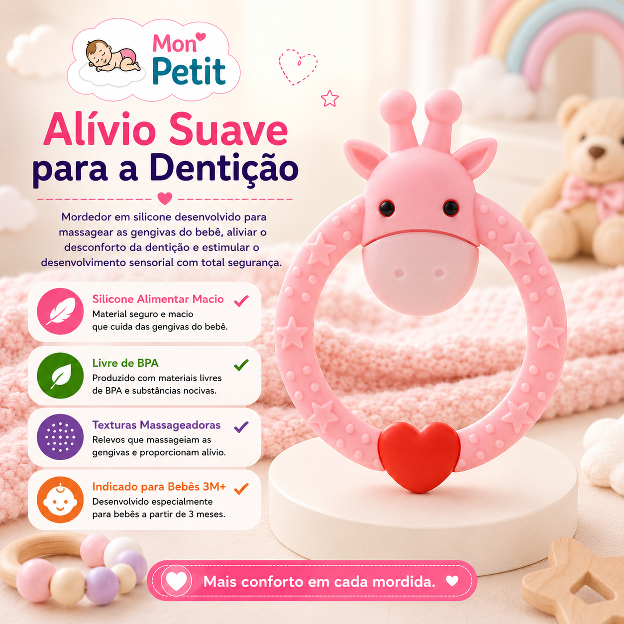 Infografia do mordedor de silicone Mon Petit para o alívio suave da dentição a partir dos 3 meses, destacando as texturas massageadoras e o material livre de BPA.