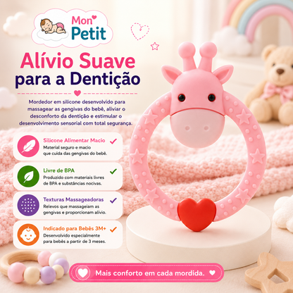 Infografia do mordedor de silicone Mon Petit para o alívio suave da dentição a partir dos 3 meses, destacando as texturas massageadoras e o material livre de BPA.