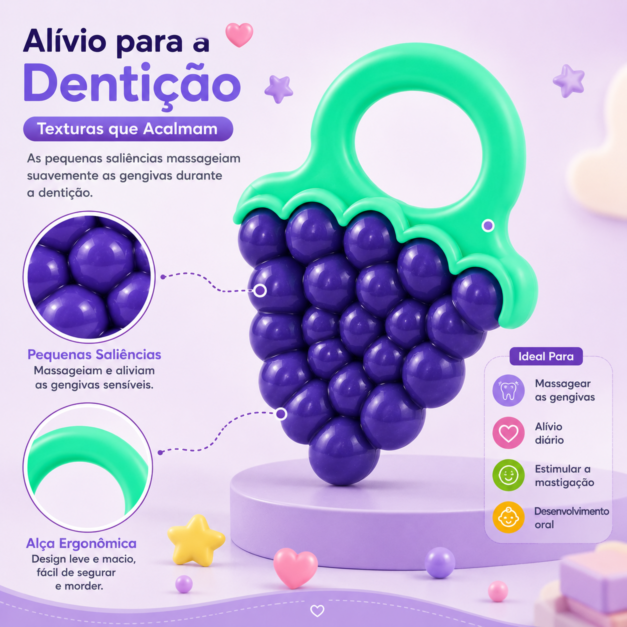 Infográfico detalhando as funções do mordedor Mon Petit, destacando as pequenas saliências que massageiam e aliviam as gengivas sensíveis e a alça ergonómica leve e macia para facilitar a mastigação.