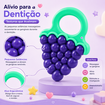 Infográfico detalhando as funções do mordedor Mon Petit, destacando as pequenas saliências que massageiam e aliviam as gengivas sensíveis e a alça ergonómica leve e macia para facilitar a mastigação.