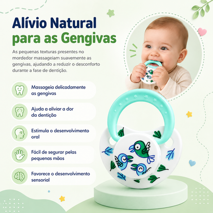 Infográfico sobre alívio natural para as gengivas com fotografia de um bebé a morder o acessório Mon Petit, destacando o desenvolvimento oral e sensorial.