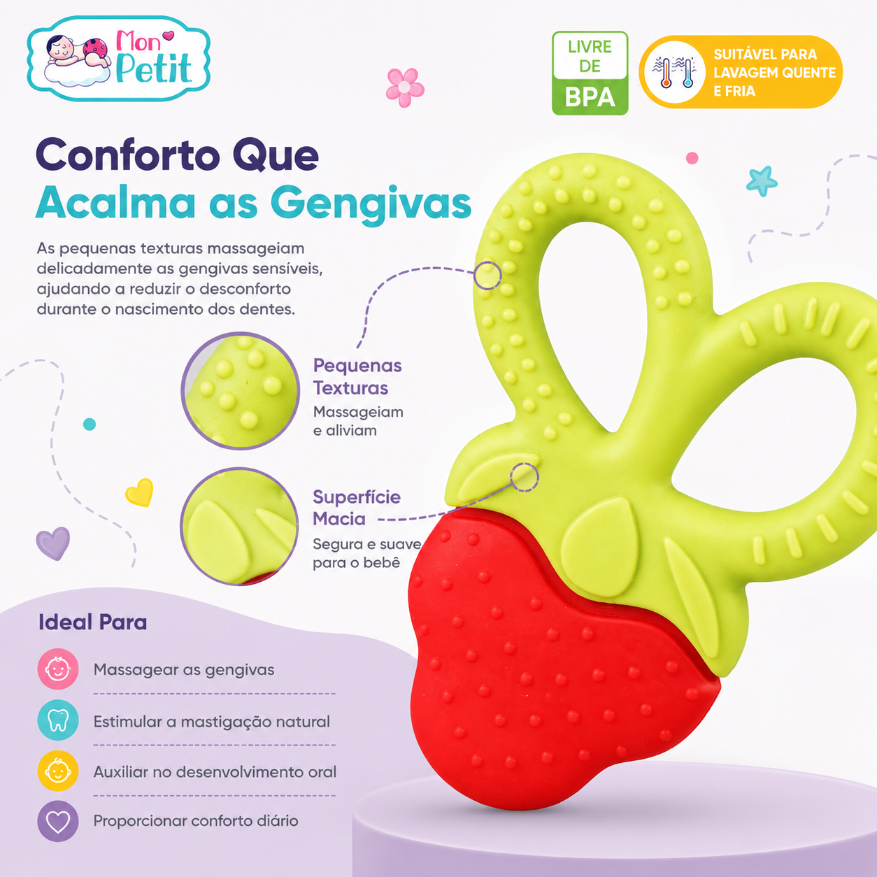 Infográfico focado no alívio das gengivas com o mordedor Mon Petit, destacando as pequenas texturas e a superfície macia com círculos de zoom e uma lista de objetivos para o desenvolvimento oral infantil.