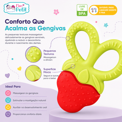 Infográfico focado no alívio das gengivas com o mordedor Mon Petit, destacando as pequenas texturas e a superfície macia com círculos de zoom e uma lista de objetivos para o desenvolvimento oral infantil.