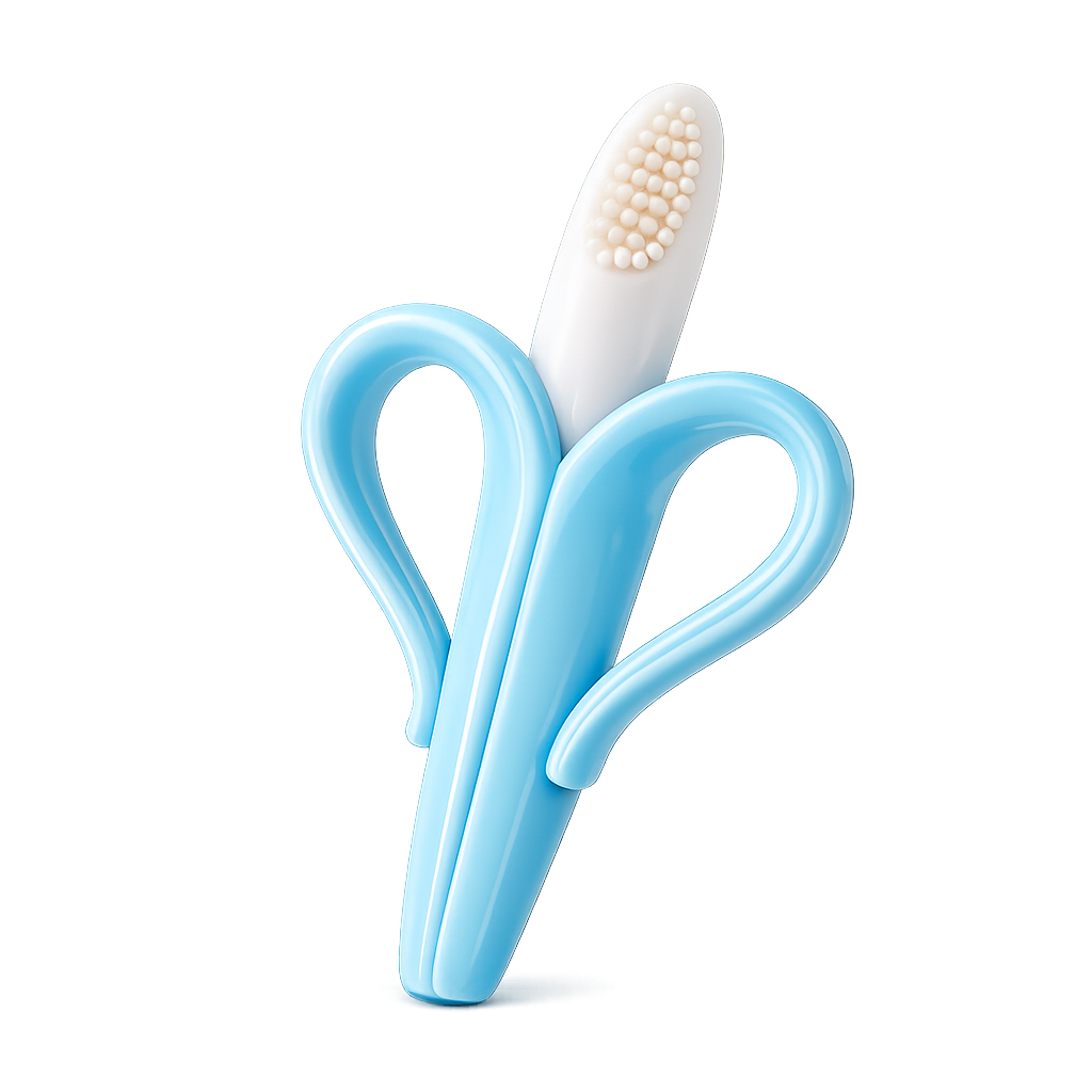 Mordedor para bebé em silicone azul com formato de banana e escova massajadora de gengivas.
