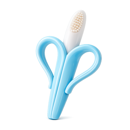 Mordedor para bebé em silicone azul com formato de banana e escova massajadora de gengivas.