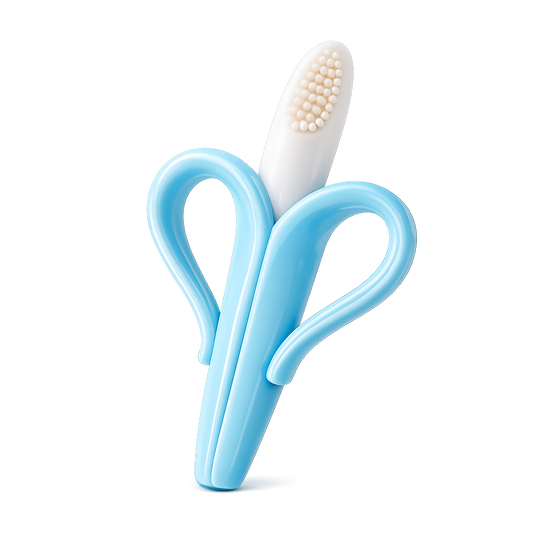 Mordedor para bebé em silicone azul com formato de banana e escova massajadora de gengivas.