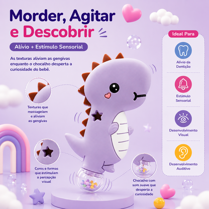 Infográfico detalhando as funções do brinquedo mordedor Mon Petit: alívio da dentição, estímulo sensorial, desenvolvimento visual e auditivo através do som suave do chocalho.