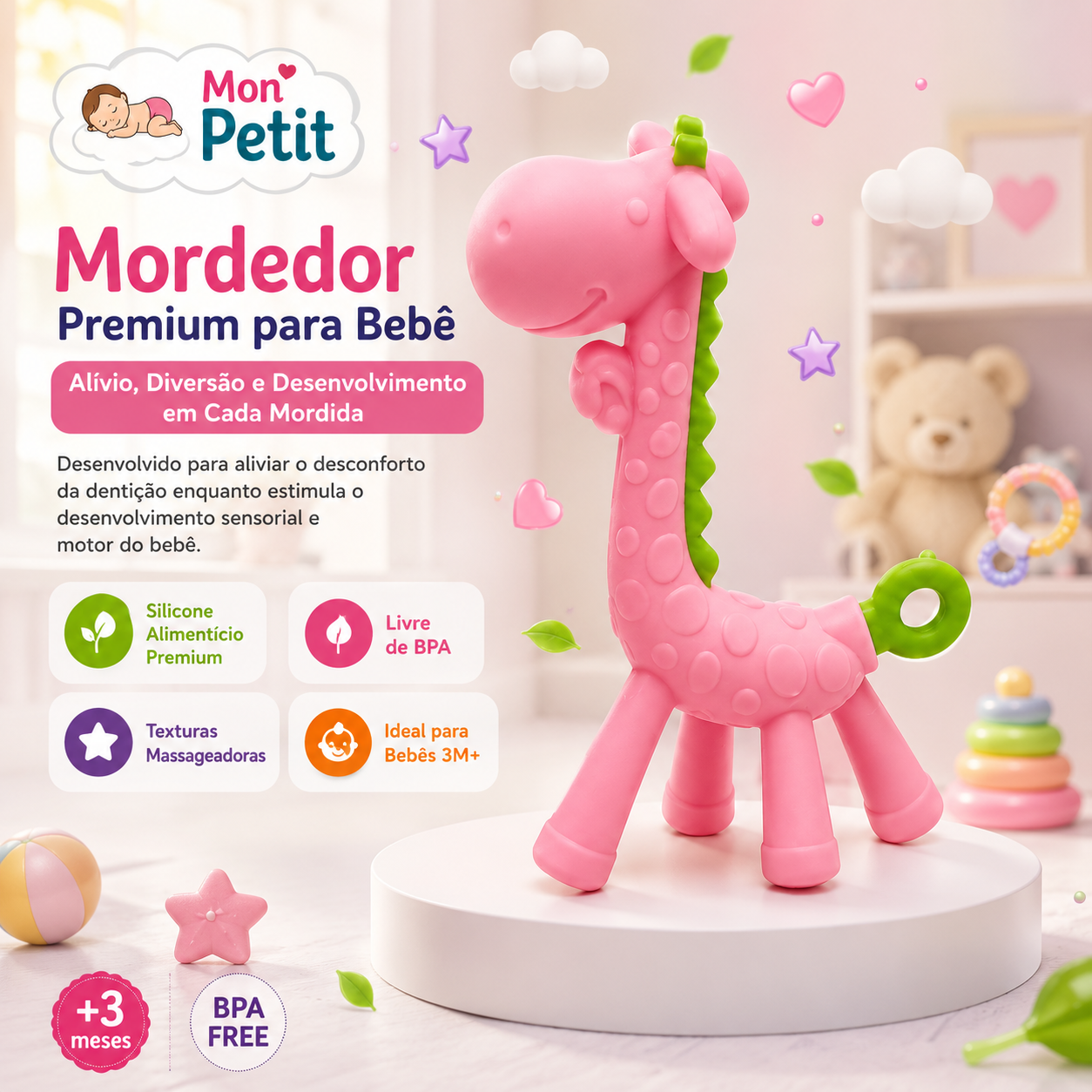 Infografia do mordedor premium Mon Petit em formato de girafa para bebés a partir dos 3 meses, destacando o silicone alimentício, alívio da dentição e material livre de BPA.