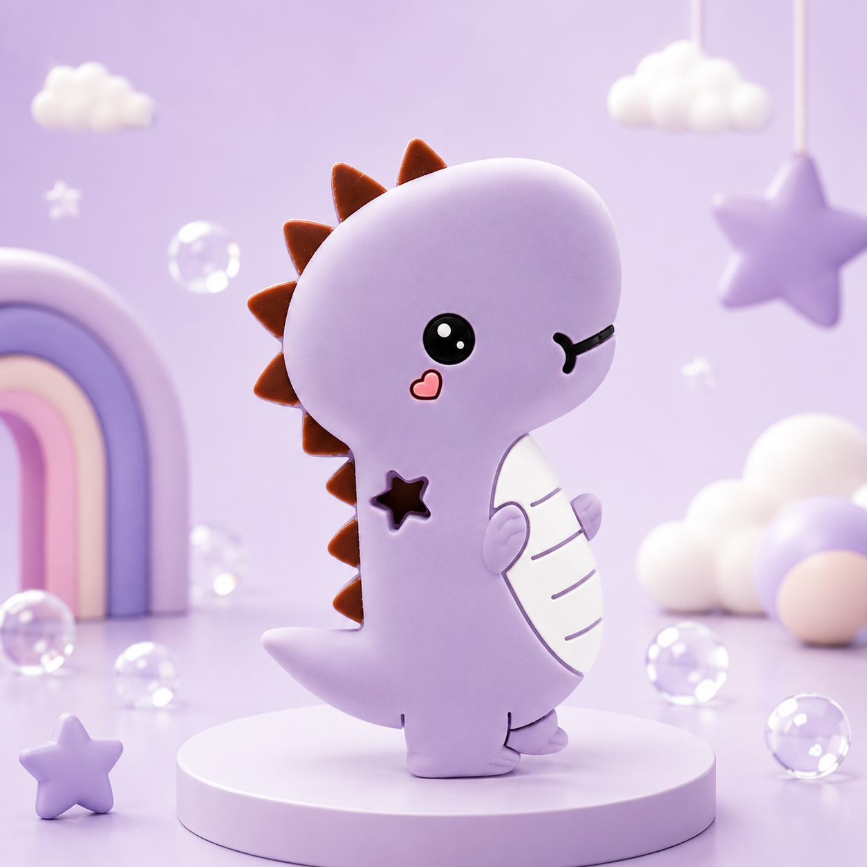 Mordedor e chocalho dinossauro Mon Petit colocado na vertical sobre um pódio redondo lilás num cenário infantil decorado com arco-íris pastel, estrelas penduradas e bolhas.