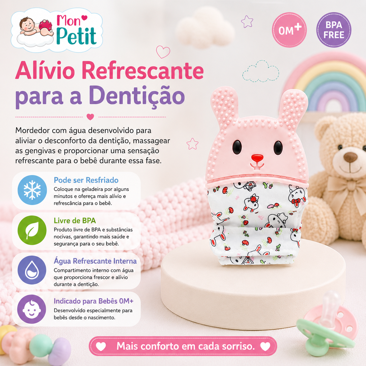 Infografia informativa da luva mordedora Mon Petit com o título Alívio Refrescante para a Dentição, destacando o compartimento interno com água e a indicação para bebés a partir dos 0 meses.