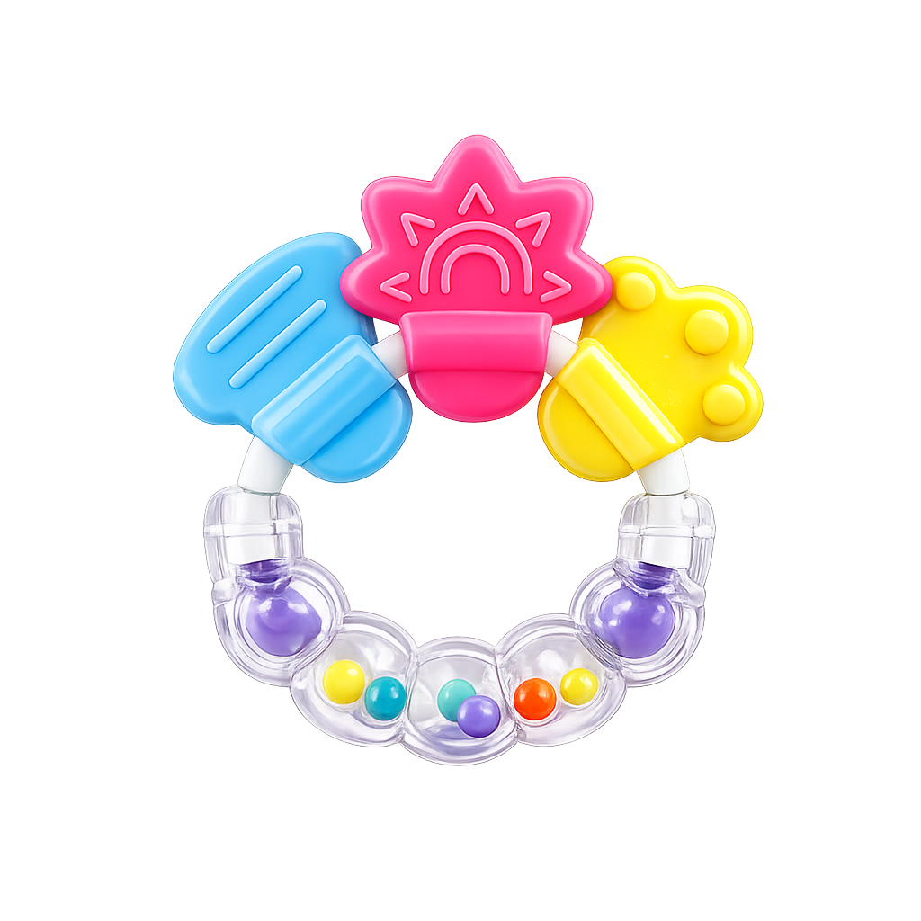 Mordedor com chocalho infantil em formato de anel circular com três peças de silicone texturizadas nas cores azul, rosa com desenho de sol e amarelo, e base transparente contendo pequenas contas coloridas no interior, isolado sobre fundo branco.