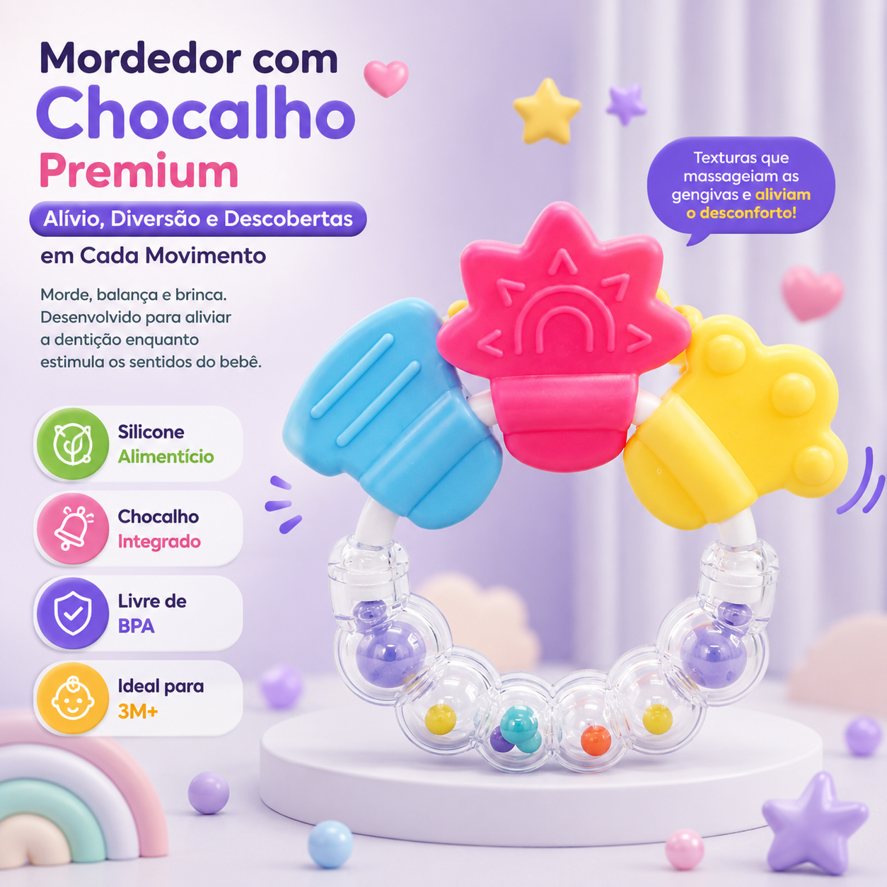 Infográfico publicitário do Mordedor com Chocalho Premium Mon Petit pousado sobre um suporte circular branco, destacando o uso para bebés com mais de 3 meses (3M+), alívio da dentição e estrutura livre de BPA.