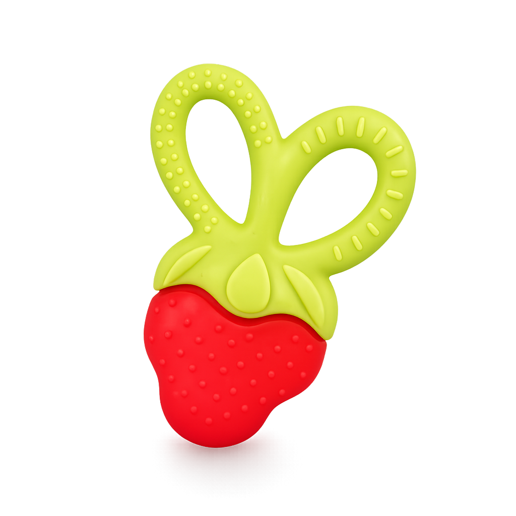 Mordedor de silicone para bebé em formato de morango vermelho com uma pega ergonómica superior texturada em verde-alface que simula folhas, isolado sobre fundo branco.