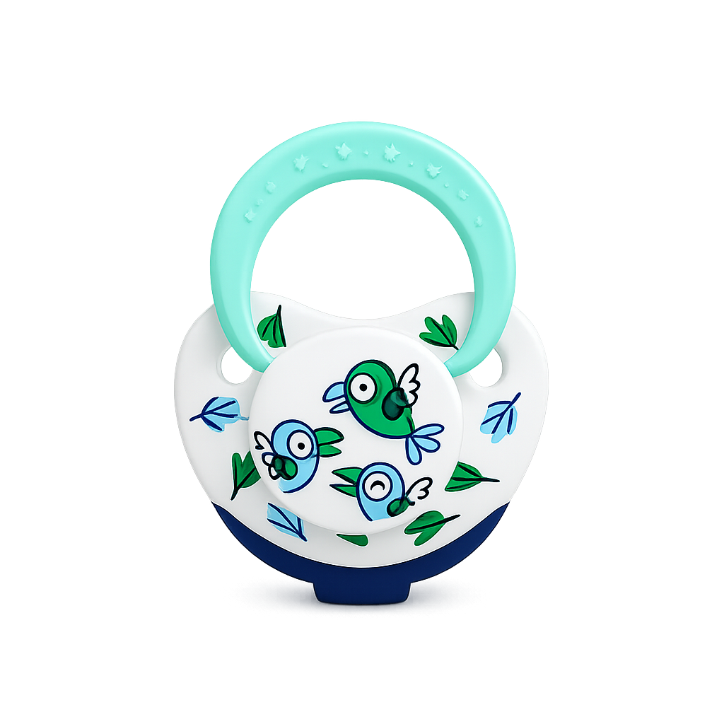 Mordedor de silicone Mon Petit para bebé com ilustrações de passarinhos verdes e azuis, escudo branco e argola superior verde-água sobre fundo branco.