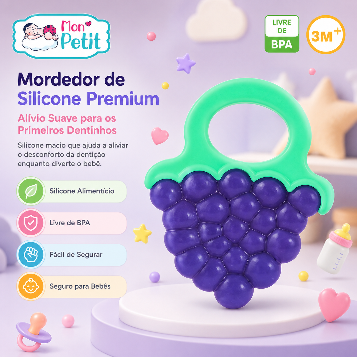 Infográfico publicitário do Mordedor de Silicone Premium Mon Petit em formato de uvas roxas, exibindo os selos Livre de BPA, Silicone Alimentício e indicação para bebés com mais de 3 meses (3M+).