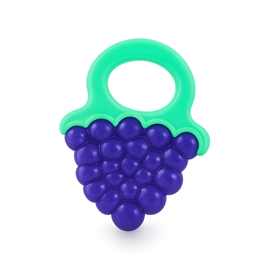 Mordedor de silicone para bebé em formato de cacho de uvas roxo com pega superior ergonómica em verde-alface, isolado sobre um fundo branco.