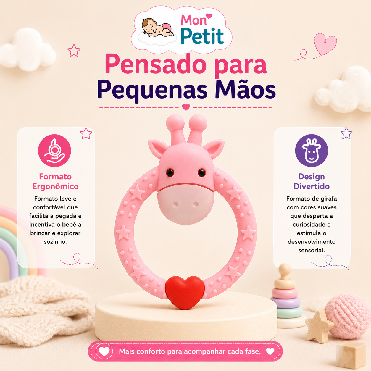 Apresentação promocional com o título Pensado para Pequenas Mãos, demonstrando o design divertido e a estrutura circular que facilita a pegada autónoma do bebé.