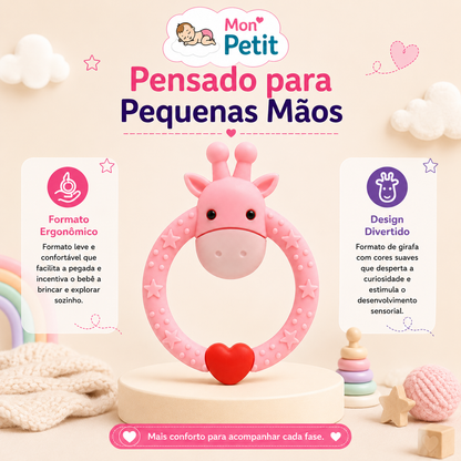 Apresentação promocional com o título Pensado para Pequenas Mãos, demonstrando o design divertido e a estrutura circular que facilita a pegada autónoma do bebé.