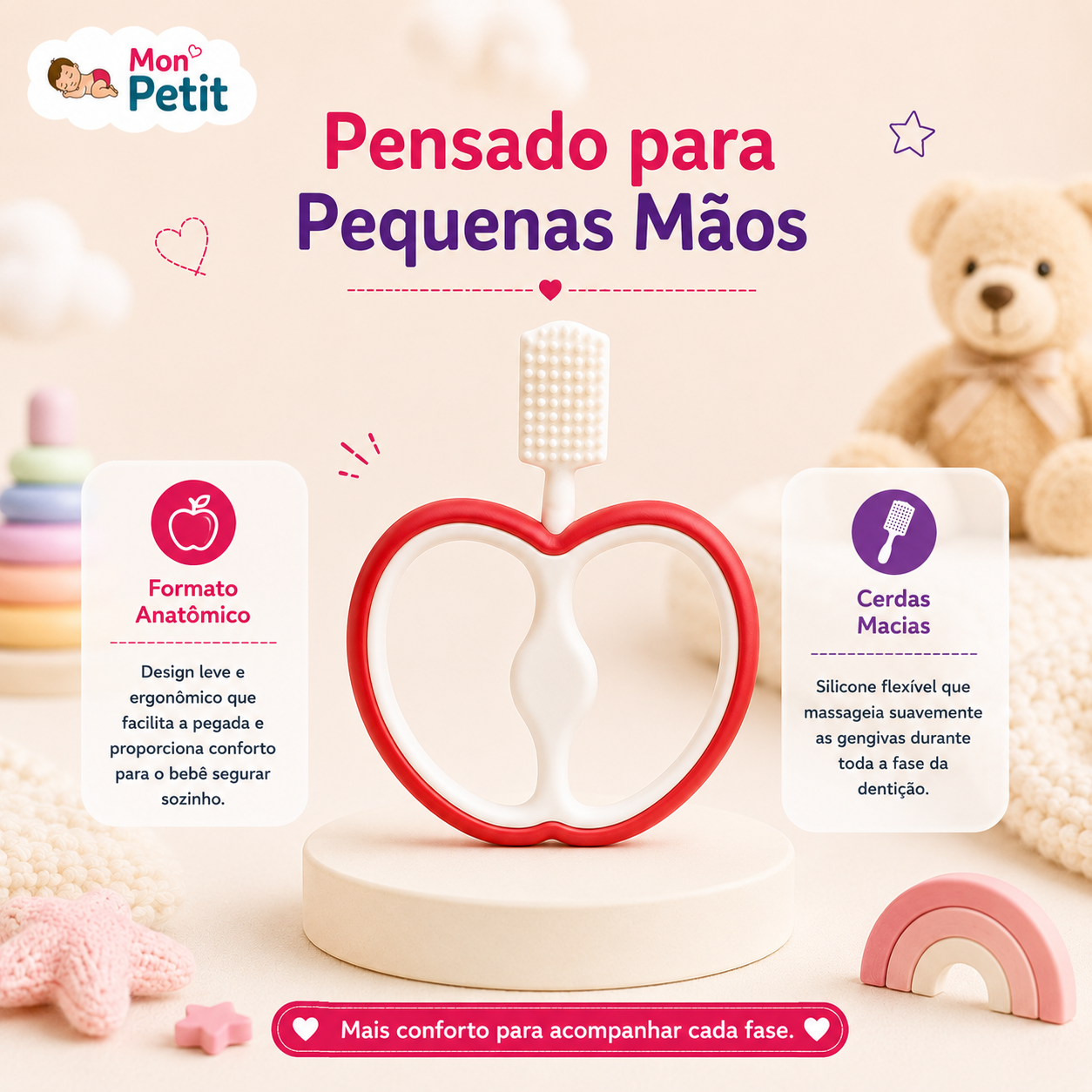 Painel descritivo Pensado para Pequenas Mãos exibindo o mordedor ergonómico sobre um suporte cilíndrico, ideal para o bebé segurar sozinho com facilidade.