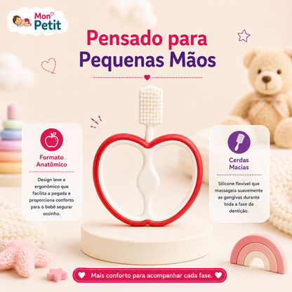 Painel descritivo Pensado para Pequenas Mãos exibindo o mordedor ergonómico sobre um suporte cilíndrico, ideal para o bebé segurar sozinho com facilidade.