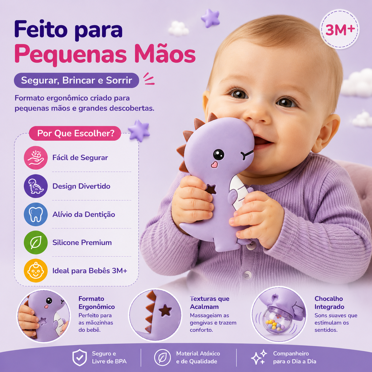 Infográfico mostrando um bebé a segurar e a morder o dinossauro de silicone Mon Petit, destacando o formato ergonómico para pequenas mãos e texturas que acalmam as gengivas.
