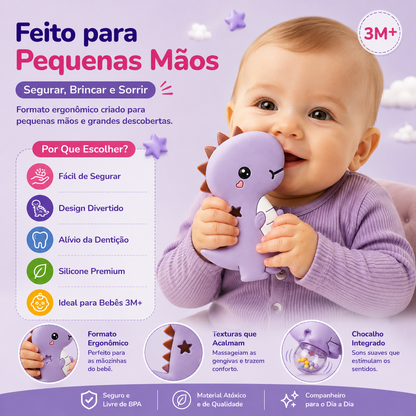 Infográfico mostrando um bebé a segurar e a morder o dinossauro de silicone Mon Petit, destacando o formato ergonómico para pequenas mãos e texturas que acalmam as gengivas.