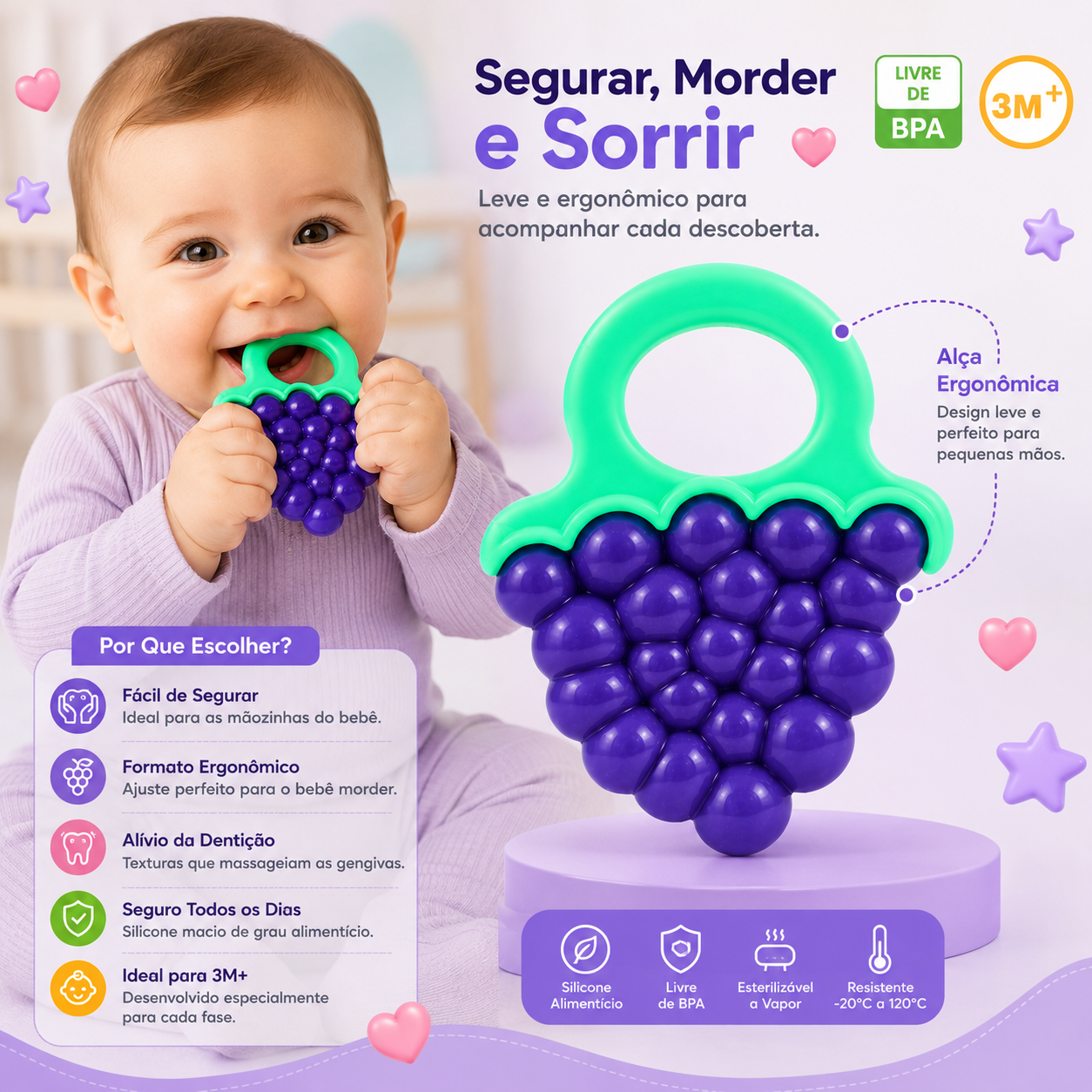 Infográfico mostrando a fotografia de um bebé a morder o acessório de uvas roxas Mon Petit, com uma lista explicativa de diferenciais como o formato ergonómico, alívio da dentição e segurança diária.
