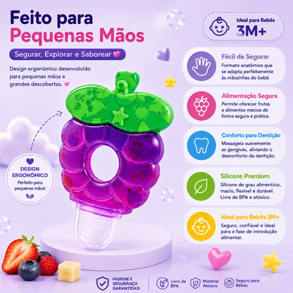 Painel descritivo Feito para Pequenas Mãos focado no design ergonómico do alimentador de uva, realçando o conforto para a dentição e o auxílio numa alimentação segura.