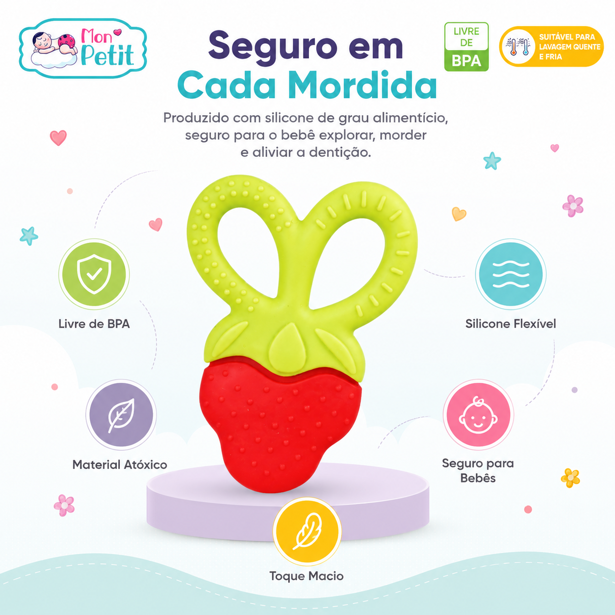 Painel promocional do mordedor de morango Mon Petit colocado sobre um suporte circular lilás, detalhando os seus benefícios: livre de BPA, material atóxico, silicone flexível, toque macio e segurança para bebés.