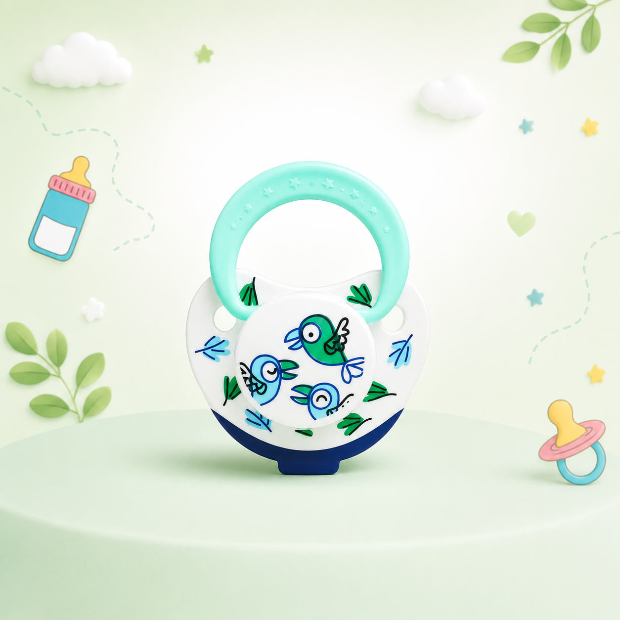 Mordedor de silicone Mon Petit exposto em cima de um pódio verde-claro num cenário infantil decorado com nuvens, estrelas e ilustrações de biberão.