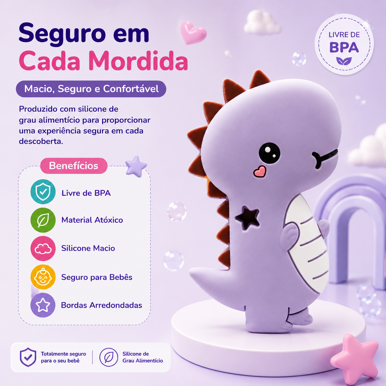 Painel promocional do mordedor dinossauro Mon Petit pousado sobre um suporte circular, detalhando os benefícios de segurança: material atóxico, silicone macio e bordas arredondadas.