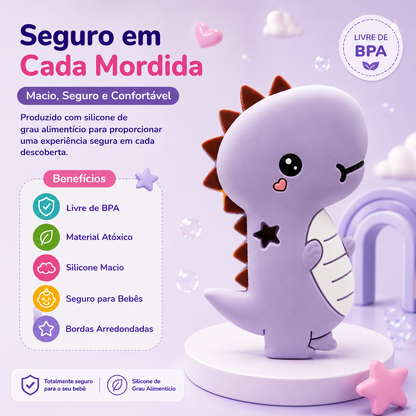 Painel promocional do mordedor dinossauro Mon Petit pousado sobre um suporte circular, detalhando os benefícios de segurança: material atóxico, silicone macio e bordas arredondadas.