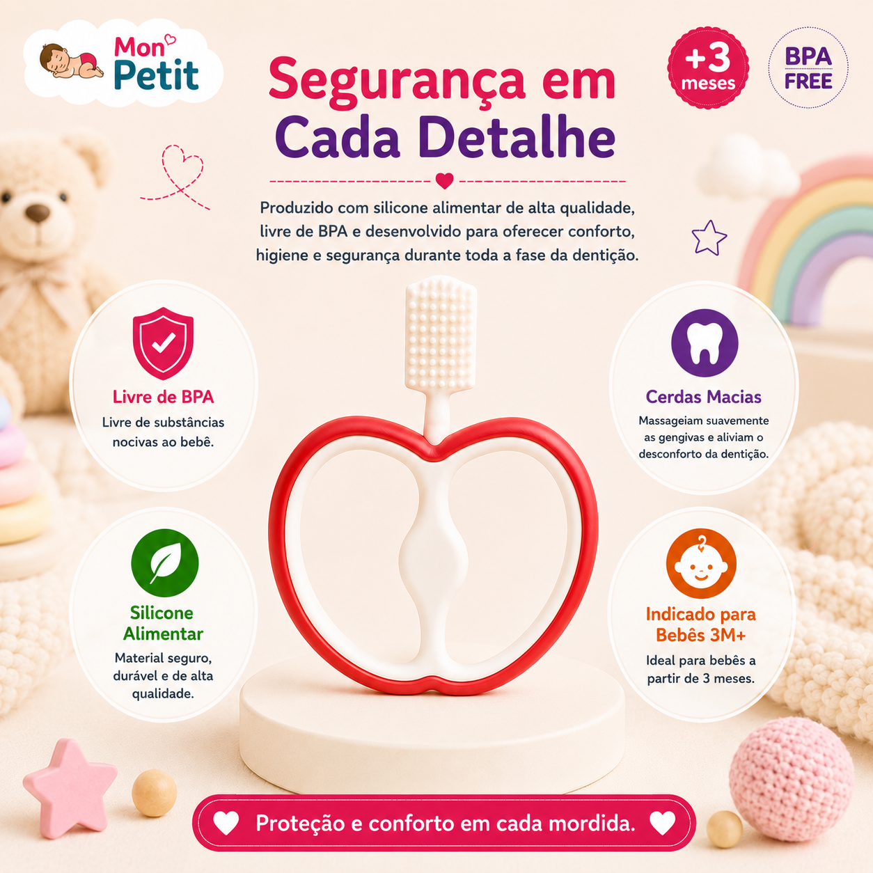 Diagrama focado na segurança do mordedor Mon Petit, realçando o uso de silicone alimentar de alta qualidade, sem substâncias nocivas.