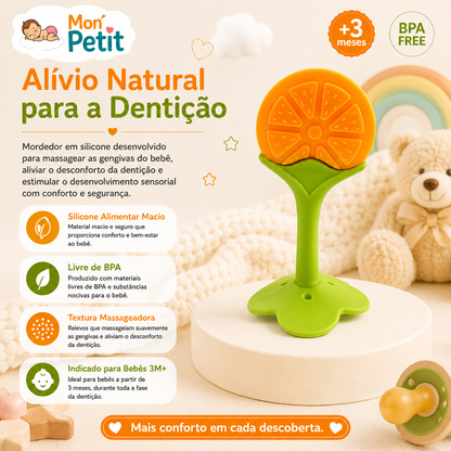 Infografia informativa do mordedor Mon Petit com o título Alívio Natural para a Dentição, destacando o uso de silicone alimentar macio e material livre de BPA.