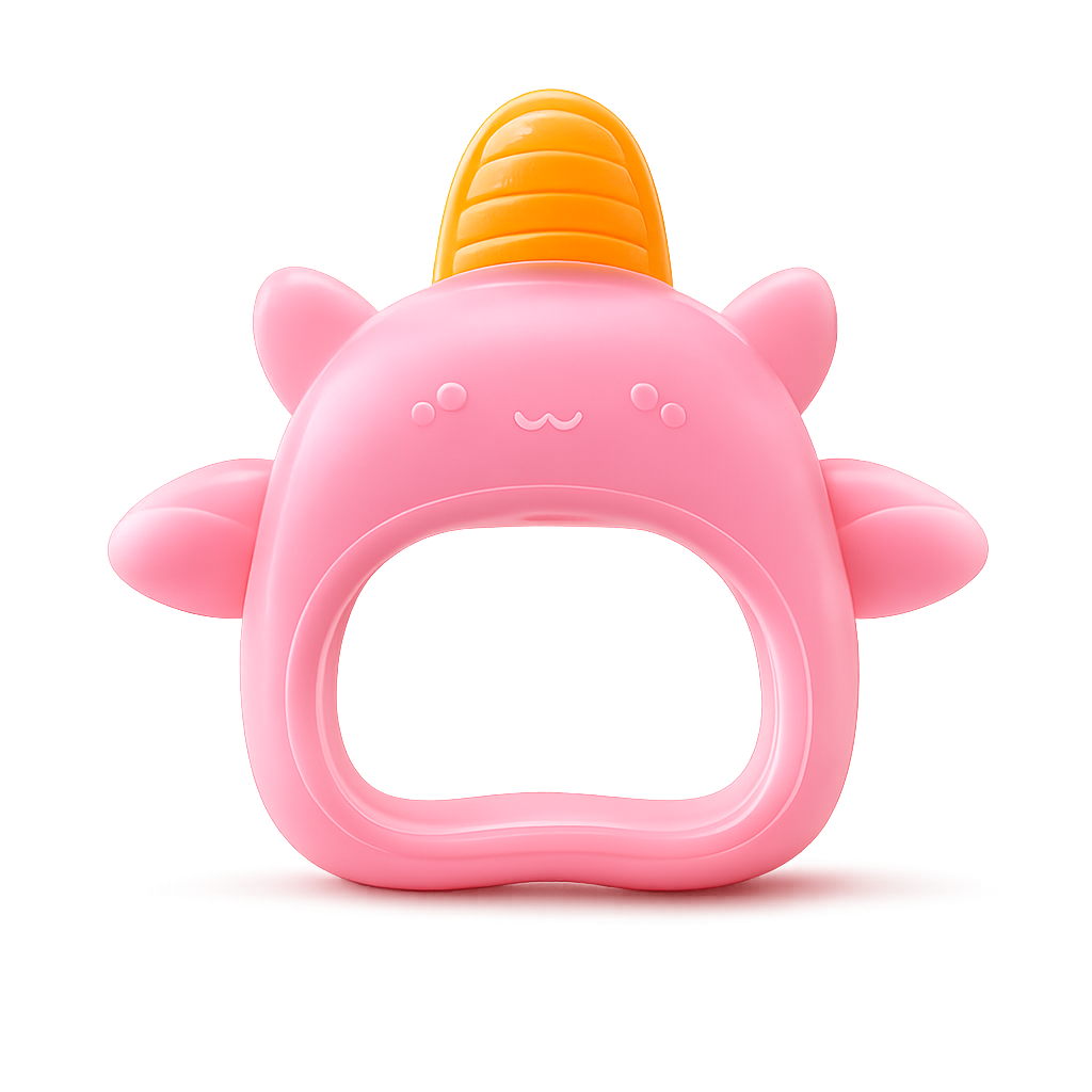 Mordedor infantil em silicone macio de cor rosa em forma de criatura fofa com chifre amarelo texturado, isolado sobre fundo branco.